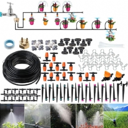 Droppbevattningskit 59ft/18m Trädgårdsbevattningssystem Växthus Uteplats Automatiska Bevattningssatser Med Dubbelvägs Gängad Koppling I Mässing Och 4 Sorters Sprutor Enkel Installationskontroll