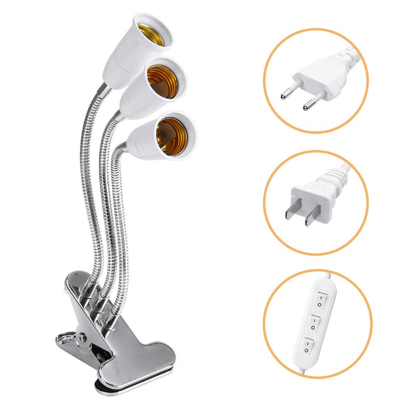 E27 Glödlampsadapter Med Tre Huvuden Lamphållare Sockelklämma Med Strömbrytare För Grow Plant Glödlampa