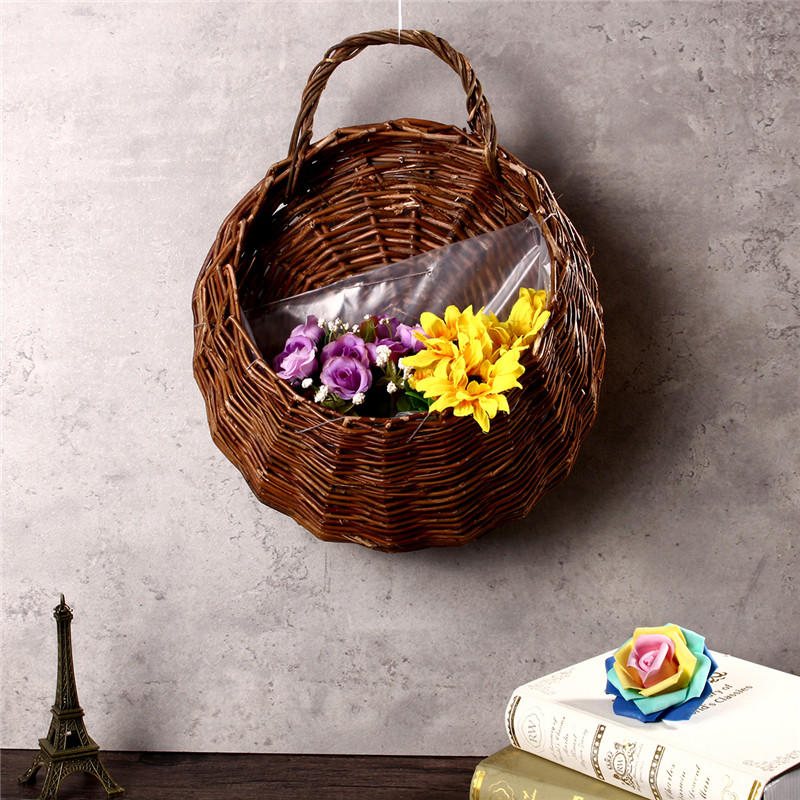 Rustik Flätad Rotting Vägghängande Blomkorgar Kruka Hemma Balkong Bröllopsdekor Present