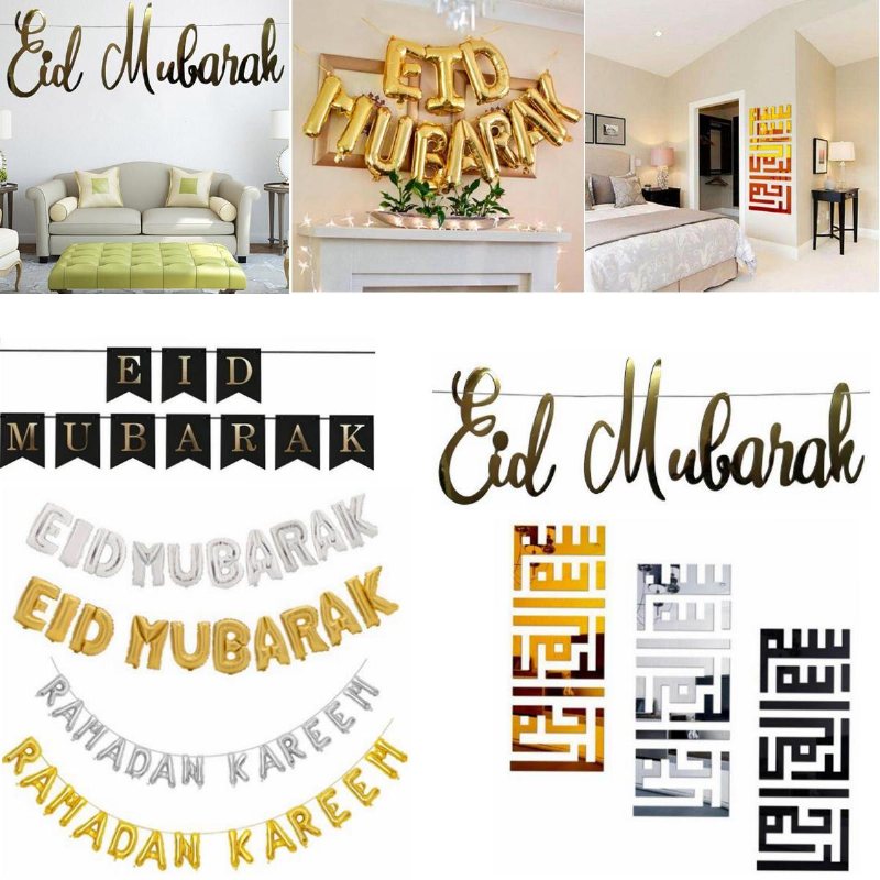 Eid Mubarak Ramadan Kareem Islam Vimpel Bunting Hem Party Banner Dekorationer