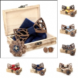 Näsduk Manschettknappar Set Träfluga Bowknots För Bröllopsficka Fyrkant Hanky Cravat Inredningstillbehör