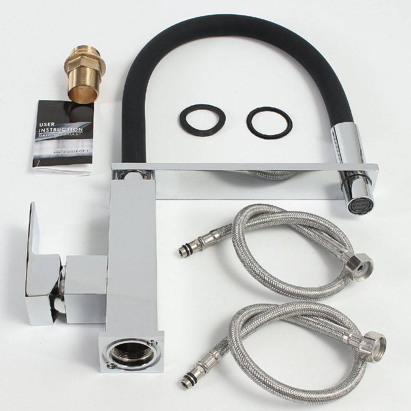 Krom Pull Down Swivel Pip Köksblandare Svart Slang Kärl Diskbänk Blandare