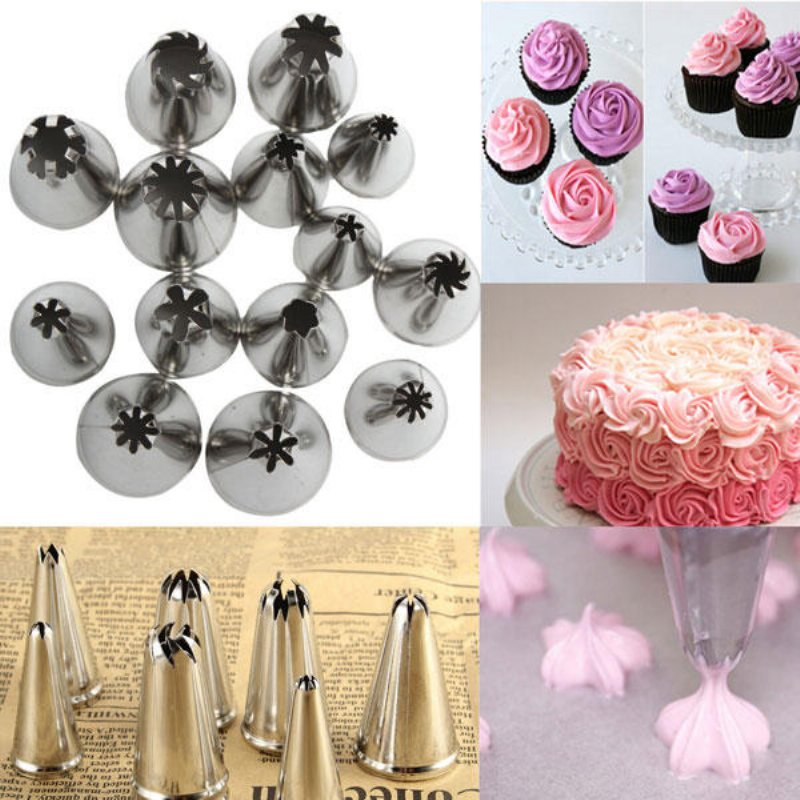 14st Rostfritt Stål Blomglasyr Piping Munstycken Tårta Bakverk Dekoration Tillbehör Bakverktyg