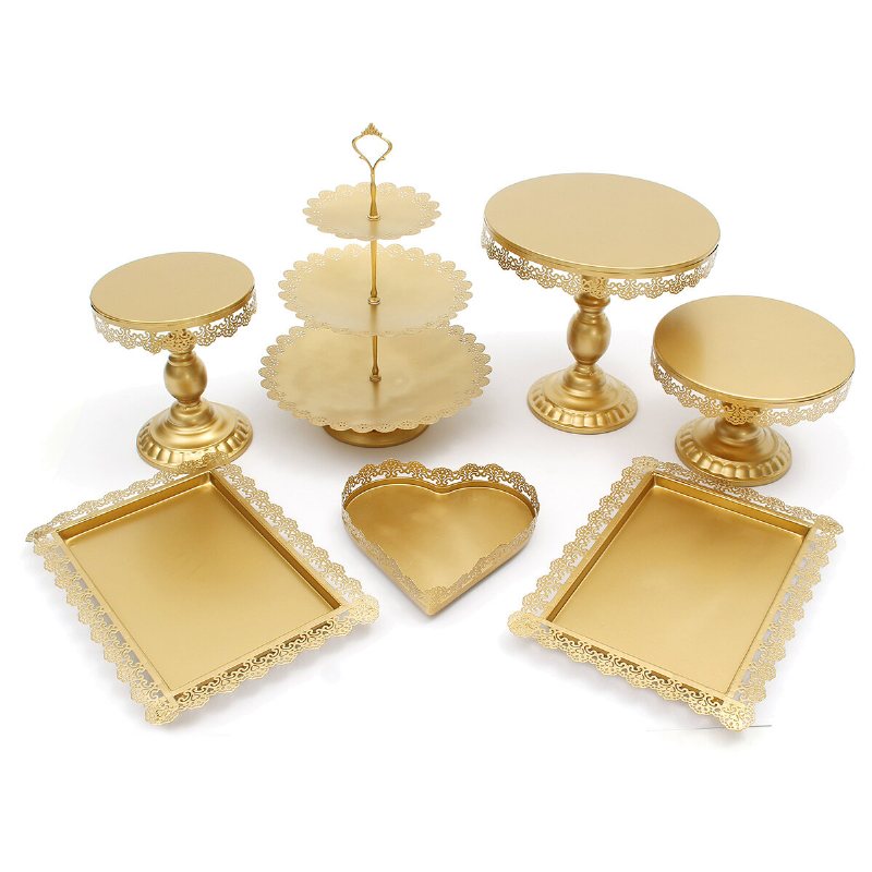 7 St Vit/guld Amalfi Glas Top Tårtställ Runt Metall Bröllop Cupcake Tower Dekorationer