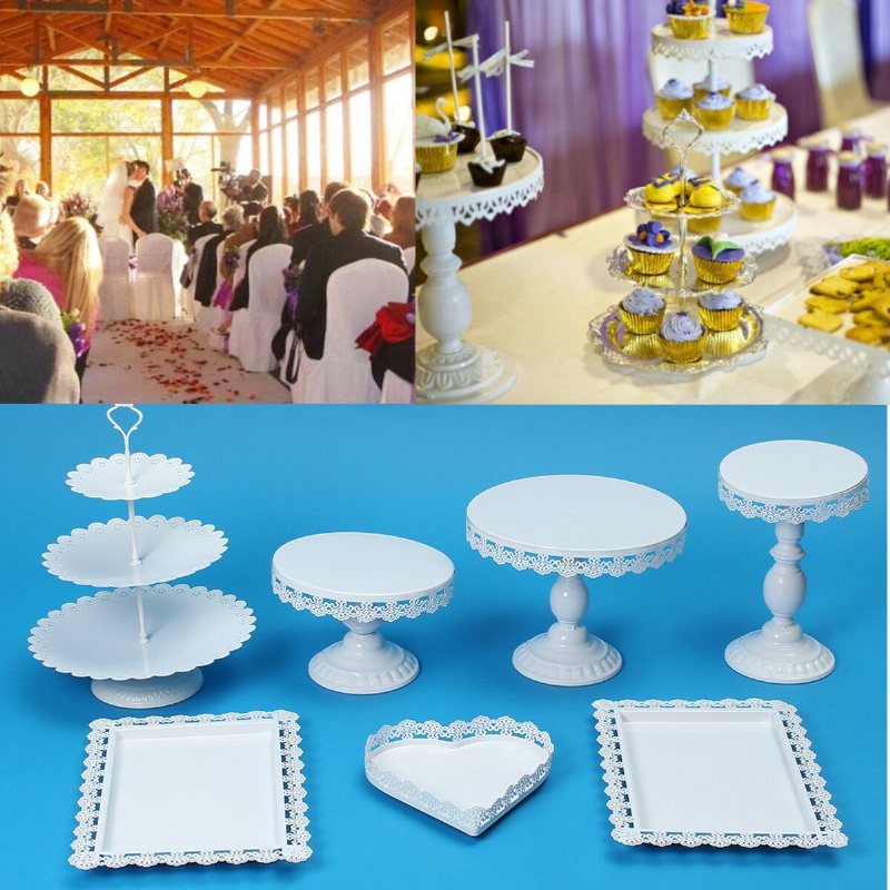 7 St Vit/guld Amalfi Glas Top Tårtställ Runt Metall Bröllop Cupcake Tower Dekorationer