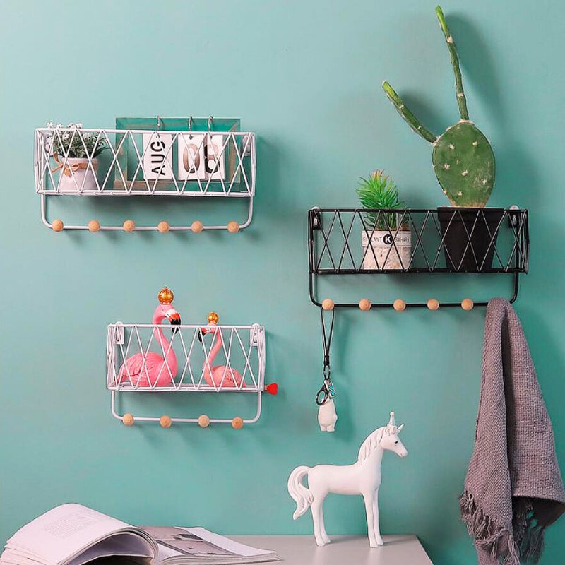 Industriell Metalltråd Trä Vägg Hylla Rack Modern Loft Dorm Förvaringshylla