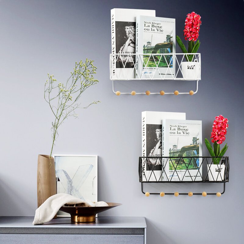 Industriell Metalltråd Trä Vägg Hylla Rack Modern Loft Dorm Förvaringshylla