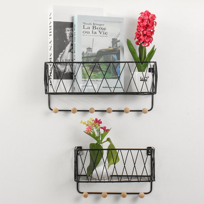Industriell Metalltråd Trä Vägg Hylla Rack Modern Loft Dorm Förvaringshylla
