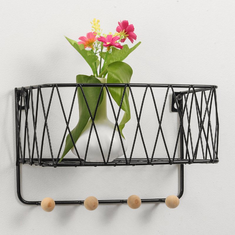 Industriell Metalltråd Trä Vägg Hylla Rack Modern Loft Dorm Förvaringshylla