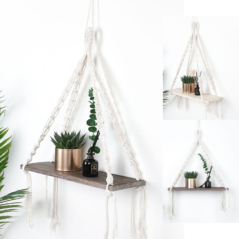 Macrame Plant Hanger Rack Hänghylla Bokhylla Hamp Rep Väggmonterade Hyllor