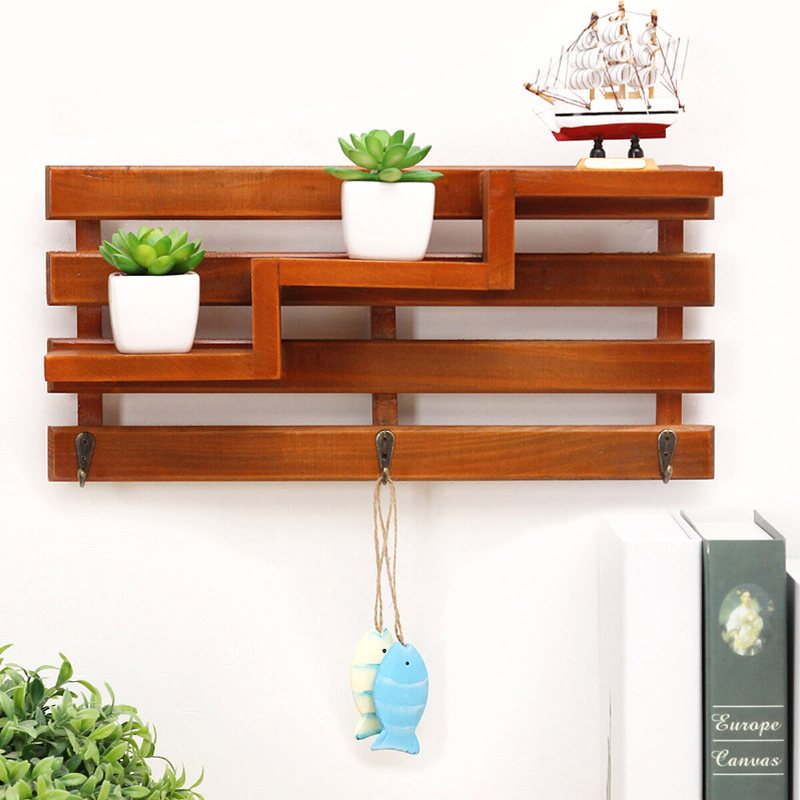 Trä Väggmonterad 3 Hängare Krokar Flytande Hylla Vintage Shabby Rack