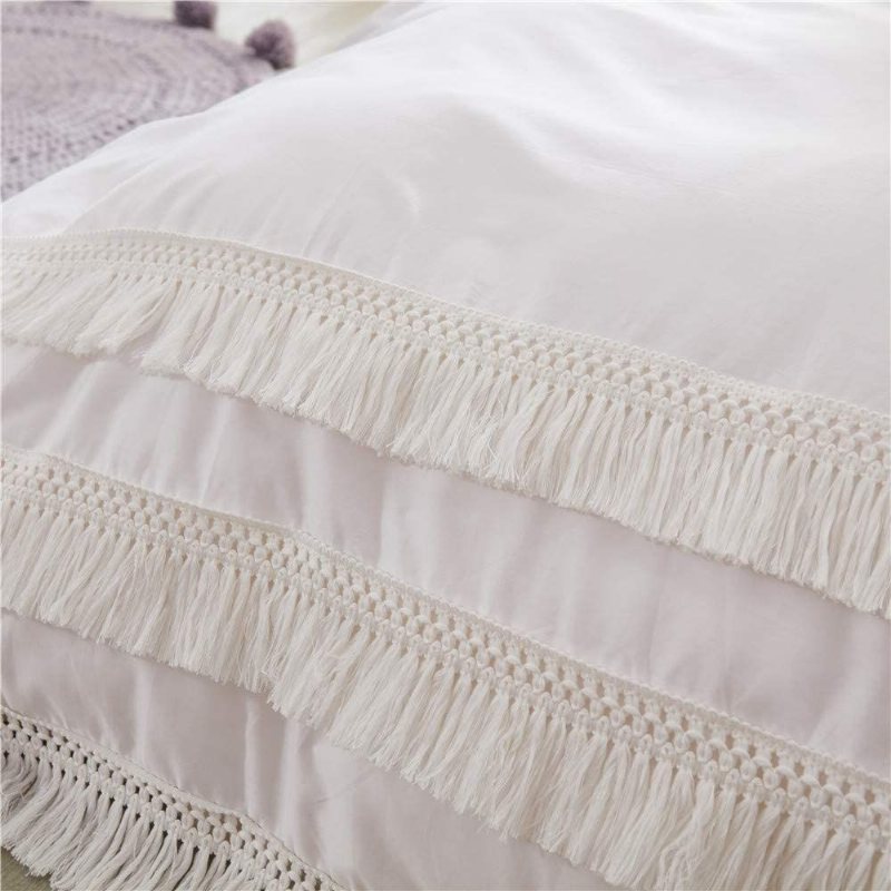 100 % Bomull Fast Vitt Påslakanset Chic Boho Sängset Tofs Frans Täcke Överdrag Minimalistisk Sovrumsinredning