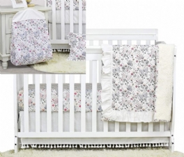 100% Bomull Fjäril Blommig Spjälsäng Sängkläder Set 4st Girl's Rosa Volanger Barnkammare