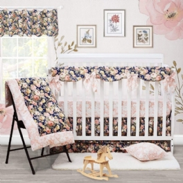 100 % Bomull Shabby & Vintage Style Spjälsäng Sängkläder För Flickor Marinblå Och Rosa Ros Blommig Nursery Set Med Stötfångare