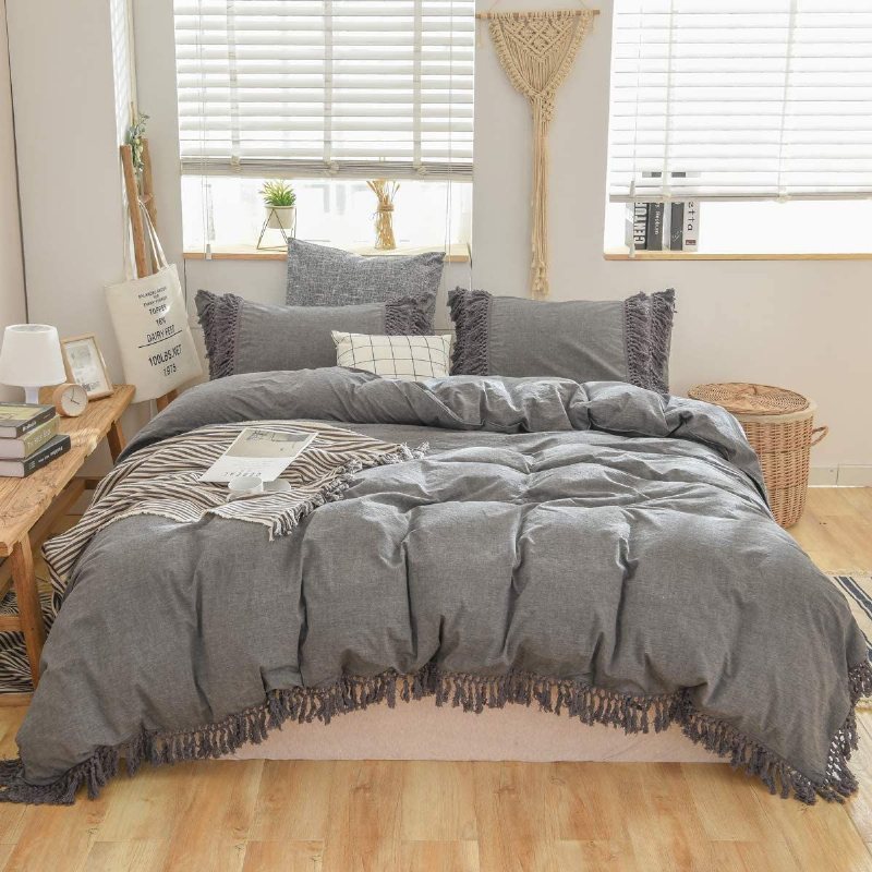 100 % Bomull Tofs Fransad Design Enfärgad Påslakanset Set I Bohemisk Stil 1 Påslakan Och 2 Kuddar