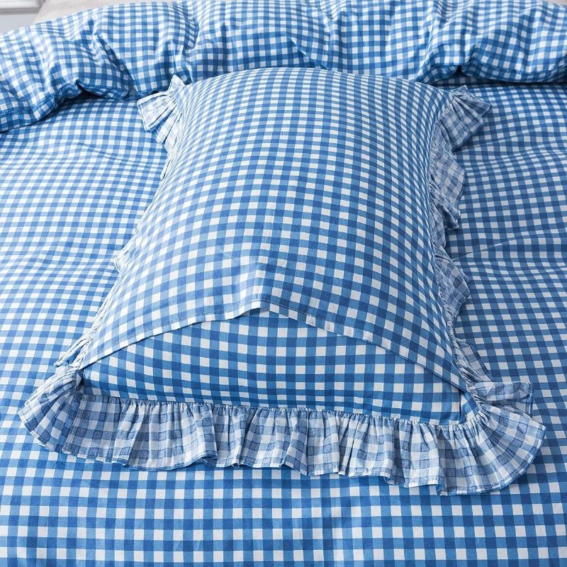 100 % Ren Bomull Blå Buffalo Pläd Sängkläder Set 3 Styck Ruffle Design Grid Påslakan Set