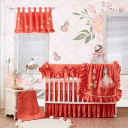 100% Tvättad Bomull Korall Flickor Spjälsäng Sängkläder Set Söt 3d-klädd Flicka Butterfly Blommig Design Nursery