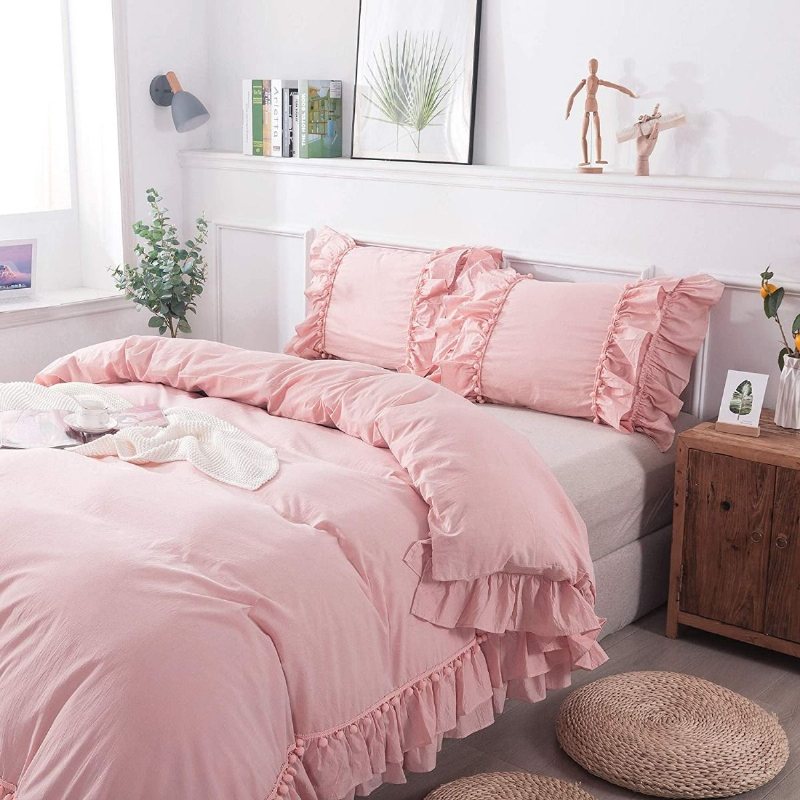 100 % Tvättad Bomull Pom Pom Boho Sängkläder Set 3 St Chic Ruffle Girls Princess Påslakan Set Romantiskt Feminint Täcke Med Örngott