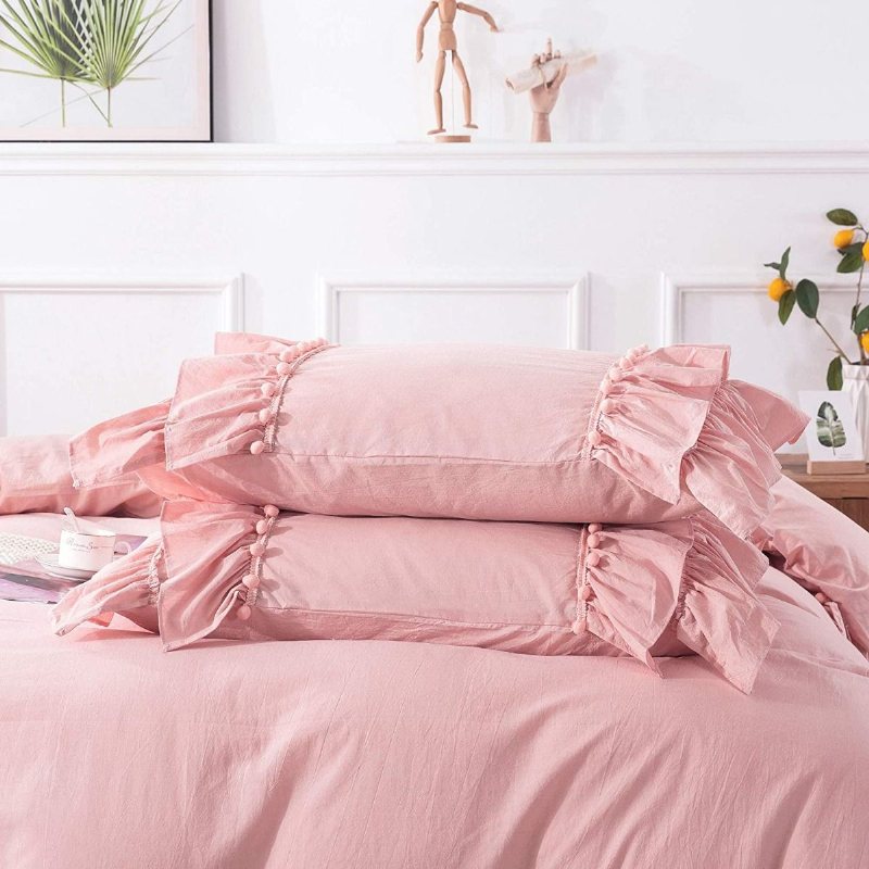 100 % Tvättad Bomull Pom Pom Boho Sängkläder Set 3 St Chic Ruffle Girls Princess Påslakan Set Romantiskt Feminint Täcke Med Örngott