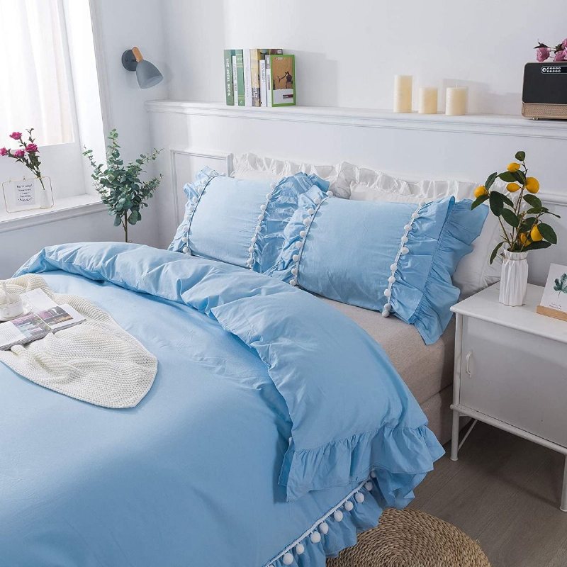100 % Tvättad Bomull Pom Pom Boho Sängkläder Set 3 St Chic Ruffle Girls Princess Påslakan Set Romantiskt Feminint Täcke Med Örngott