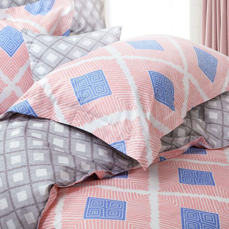 2 St 100% Bomull Rosa Rand Med Blå Diamant Geometri Kudde Shams