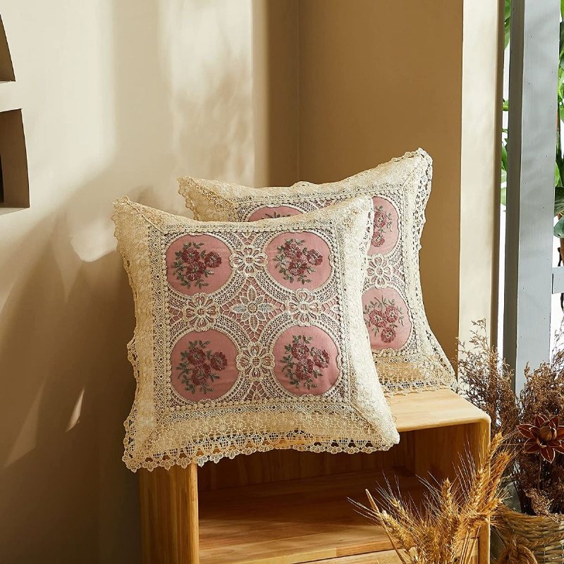2 St Rosa Blomma Broderade Guld Spetskantade Kuddfodral Handgjorda Eleganta Soffkuddfodral18x18 Tum
