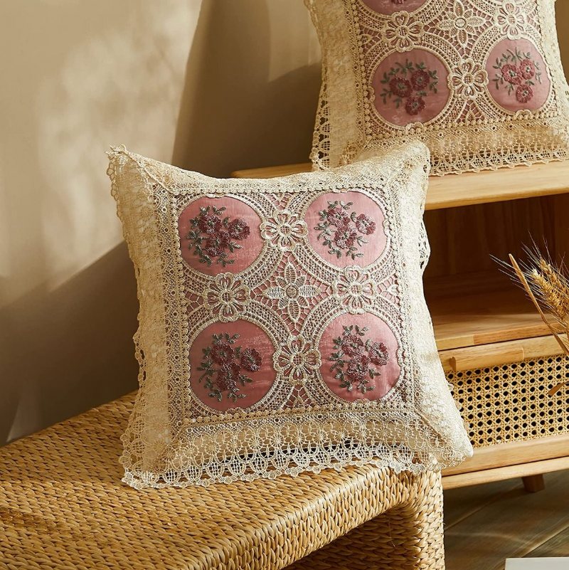 2 St Rosa Blomma Broderade Guld Spetskantade Kuddfodral Handgjorda Eleganta Soffkuddfodral18x18 Tum