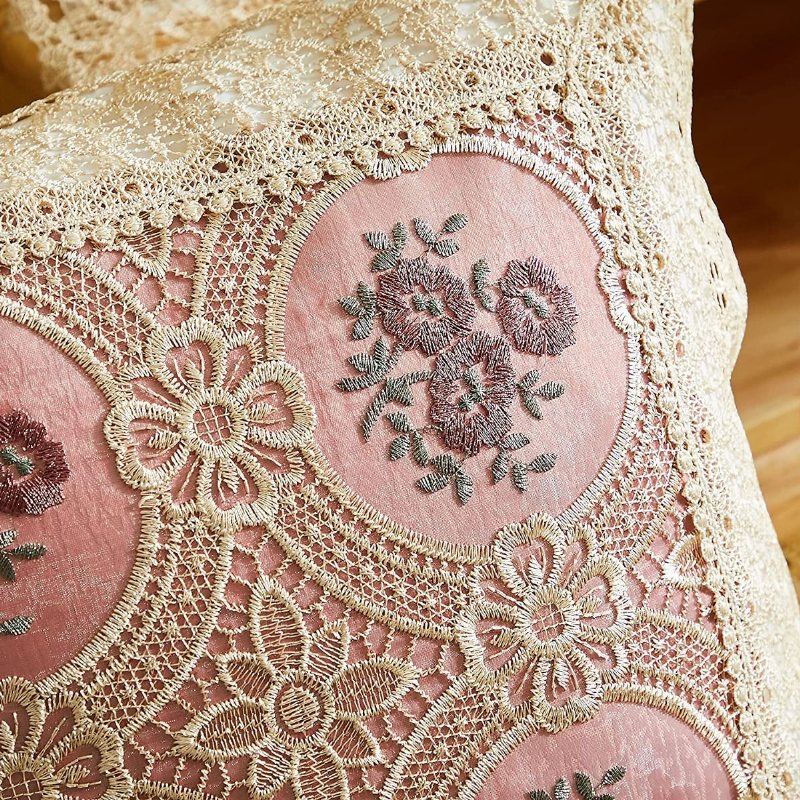 2 St Rosa Blomma Broderade Guld Spetskantade Kuddfodral Handgjorda Eleganta Soffkuddfodral18x18 Tum
