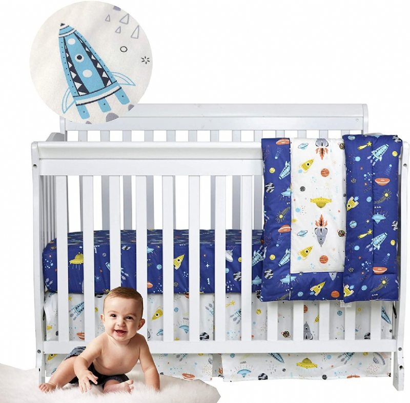 3 St Baby Boy's Outer Space Spjälsäng Sängset Rocket Planet Astronaut Pattern Nursery Sängkläder Set