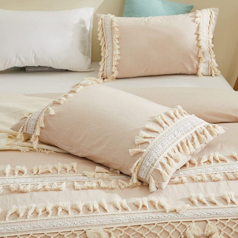 3 St Boho Sängkläder Set 100 % Tvättad Bomull Triangel Tofs Spetsdesign Påslakan Set Ljusbrun Färg