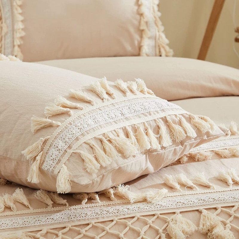 3 St Boho Sängkläder Set 100 % Tvättad Bomull Triangel Tofs Spetsdesign Påslakan Set Ljusbrun Färg