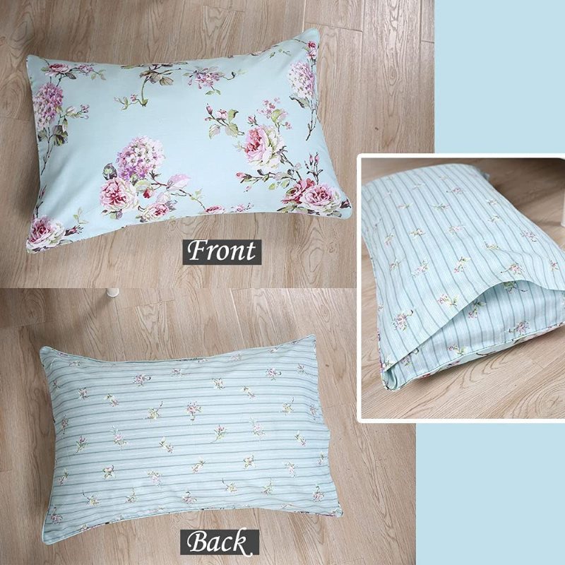 3 St Farmhouse Blommor Täcken Set Blå Hortensia Pion Tryckt Lätt All Season Inlägg 100% Bomull Tyg Mikrofiber Quilt Med 2 Örngott
