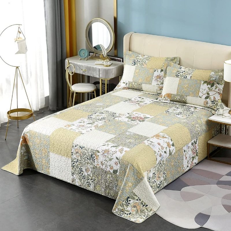 3 St Queen Size Täcke Set Farmhouse Rose Blommig Sängkläder Sängöverkast Set Romantiskt Små Blommor Patchwork Lätt Quilt Set
