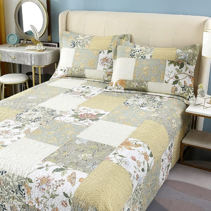 3 St Queen Size Täcke Set Farmhouse Rose Blommig Sängkläder Sängöverkast Set Romantiskt Små Blommor Patchwork Lätt Quilt Set