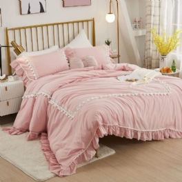 3st Mjuk Rosa Pom-pom Volang Design Påslakanset 100 % Tvättad Bomull Flickor Eleganta Boho Sängkläder
