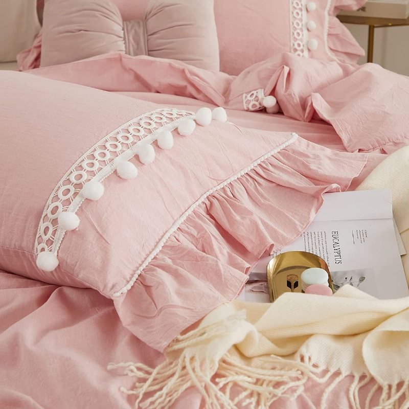 3st Mjuk Rosa Pom-pom Volang Design Påslakanset 100 % Tvättad Bomull Flickor Eleganta Boho Sängkläder