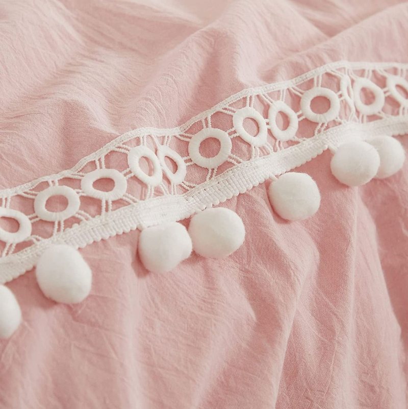 3st Mjuk Rosa Pom-pom Volang Design Påslakanset 100 % Tvättad Bomull Flickor Eleganta Boho Sängkläder