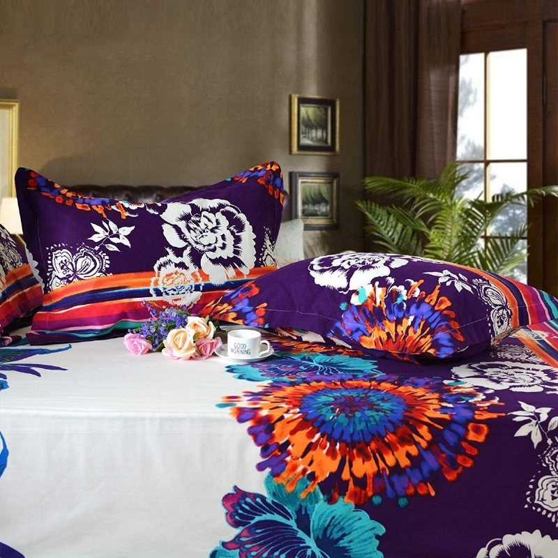 4 St Bohemian Floral Lakan Set 100% Super Mjuk Borstad Bomull Sängkläder Set
