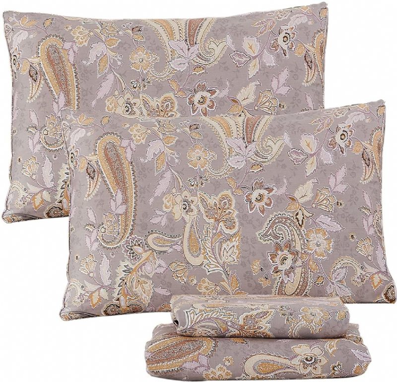 4st Elegant Vintage Sängkläder Set Guld Paisley Grå Lakan Set Andas 100% Bomull Ultra Mjukt Djupt Ficklakan