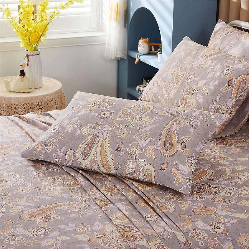 4st Elegant Vintage Sängkläder Set Guld Paisley Grå Lakan Set Andas 100% Bomull Ultra Mjukt Djupt Ficklakan