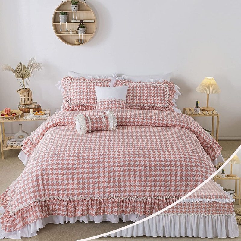 4st Girls Pink Grid Sängkläder Set 100% Bomull Hundtrutsmönster Spets Volang Design Påslakan18'' Höjd Sängkjol Och 2 Örngott
