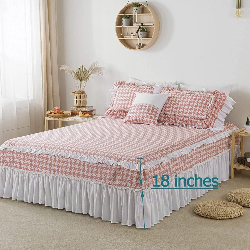 4st Girls Pink Grid Sängkläder Set 100% Bomull Hundtrutsmönster Spets Volang Design Påslakan18'' Höjd Sängkjol Och 2 Örngott