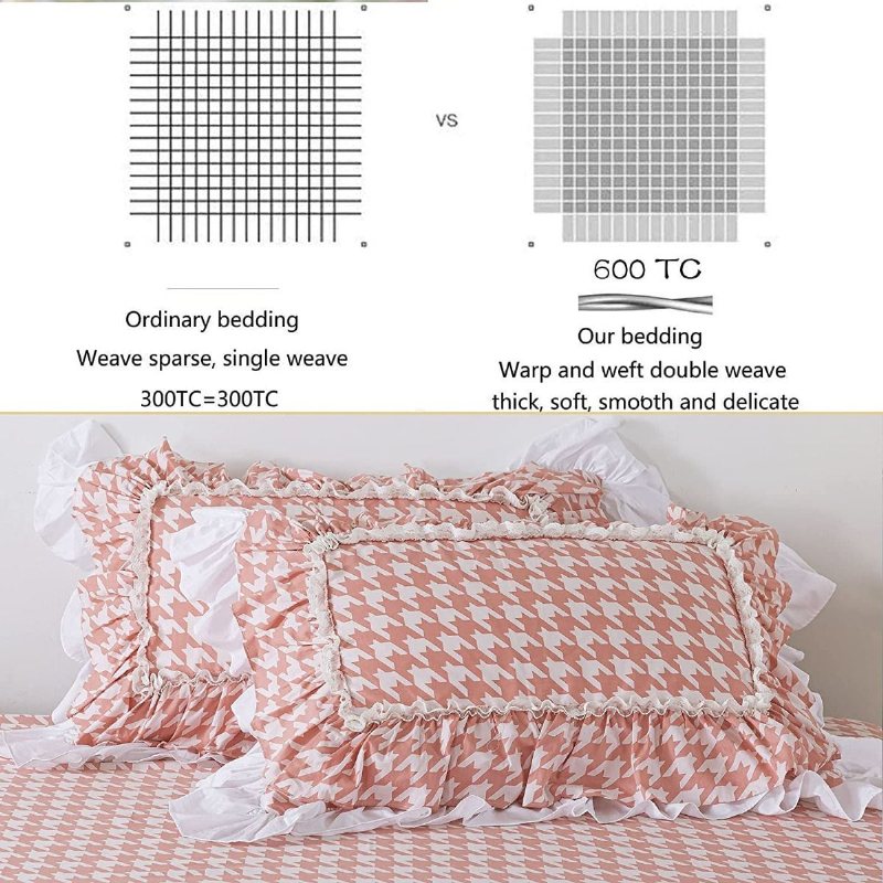4st Girls Pink Grid Sängkläder Set 100% Bomull Hundtrutsmönster Spets Volang Design Påslakan18'' Höjd Sängkjol Och 2 Örngott