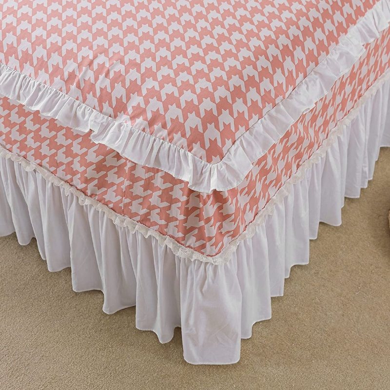 4st Girls Pink Grid Sängkläder Set 100% Bomull Hundtrutsmönster Spets Volang Design Påslakan18'' Höjd Sängkjol Och 2 Örngott