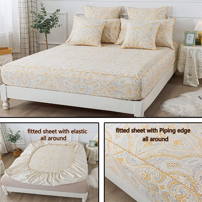 4st Lyxiga Guld Paisley Lakan Set Klassiskt Damast Sängkläder Set 100% Bomull Andas Ultramjukt Hypoallergena Djupa Fickor
