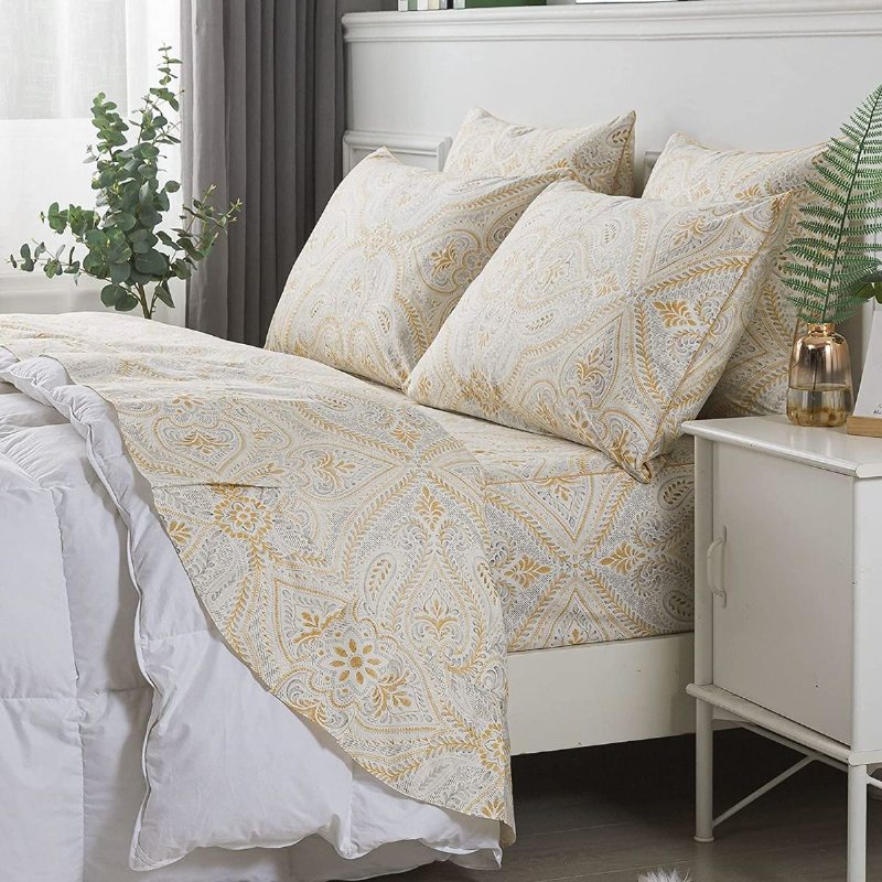 4st Lyxiga Guld Paisley Lakan Set Klassiskt Damast Sängkläder Set 100% Bomull Andas Ultramjukt Hypoallergena Djupa Fickor