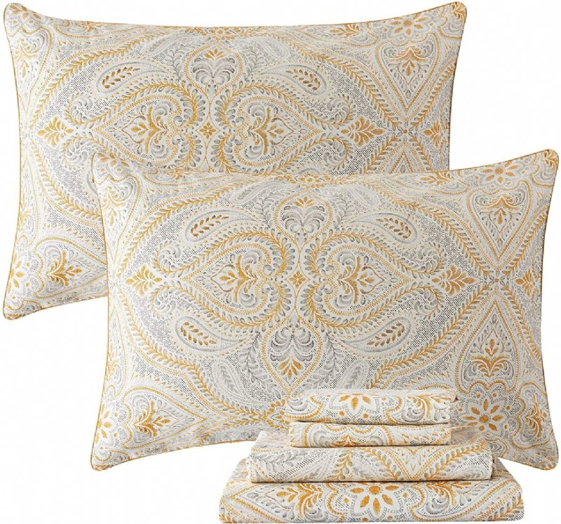 4st Lyxiga Guld Paisley Lakan Set Klassiskt Damast Sängkläder Set 100% Bomull Andas Ultramjukt Hypoallergena Djupa Fickor
