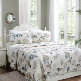 American Country Täcken Sets Fåglar Printing Queen Quilt Set Beige 3st