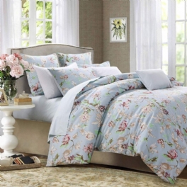 Blå Vintage Botaniska Blommor Tryckta Blommiga Flickor Sängkläder Set 800tc Egyptisk Bomull Satin Påslakan Set (1 + 2 Kuddar Shams)