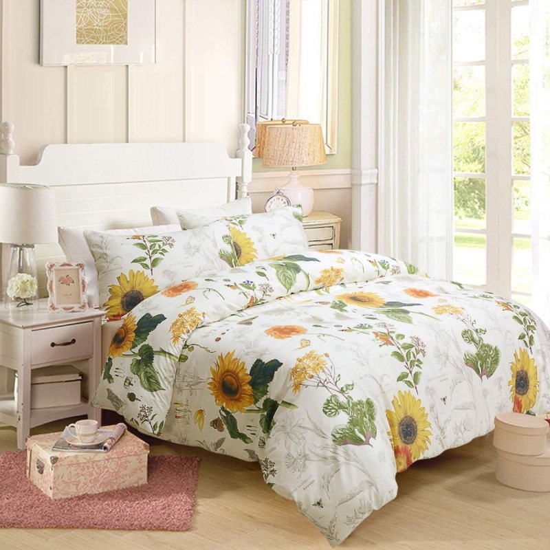 Blommig Solrosdesign Sängkläder 3 St (1 Påslakan + 2 Örngott/shams) 60% Bambufiber + 40% Egyptisk Bomull Small Fresh